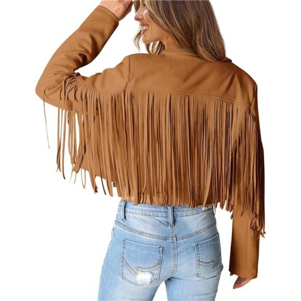 Women's Fringe Faux Suede Leather Jacket Tassel Cropped Coat - Picture 4 of 7